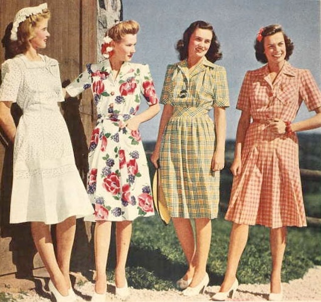 Despite wartime rationing, women embraced vibrant prints and flattering silhouettes.