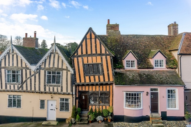 The iconic Crooked House in Lavenham, a 600-year-old marvel of medieval architecture.