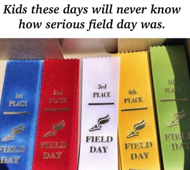 First to fifth place ribbons from a classic school Field Day, each representing the competitive spirit of students and the excitement of earning recognition in various athletic event