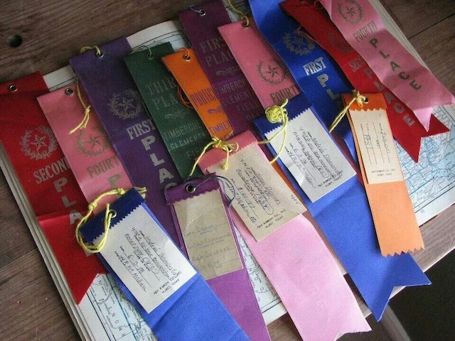 A collection of colorful Field Day ribbons from multiple years, symbolizing the dedication and sportsmanship of students across generations who competed for pride and recognition