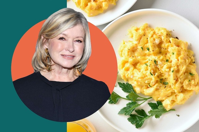 Celebrity chef Martha Stewart, known for her culinary expertise, shares her approach to making scrambled eggs—without milk, focusing on technique and quality ingredients