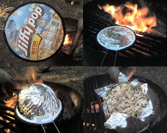 Jiffy Pop popcorn cooked over an open fire, capturing the rustic charm of outdoor camping snacks with a nostalgic twist