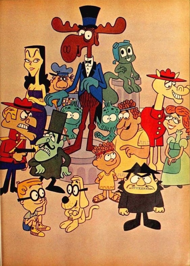 A colorful ensemble of characters from "The Rocky and Bullwinkle Show," showcasing the iconic moose, Bullwinkle, and his loyal friend, Rocky the Flying Squirrel, alongside a host of memorable supporting characters.