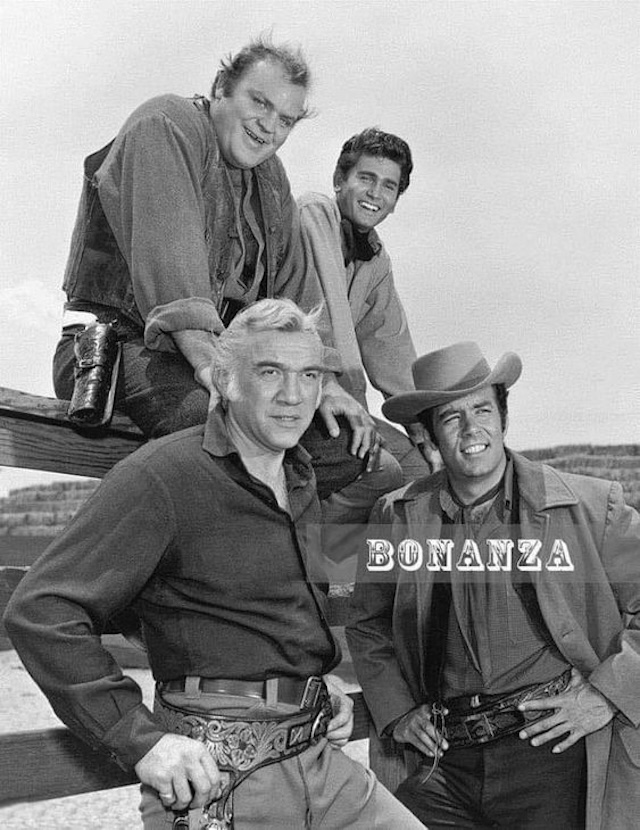 The original cast of "Bonanza," featuring Lorne Greene as Ben Cartwright, Michael Landon as Little Joe, Dan Blocker as Hoss, and Pernell Roberts as Adam