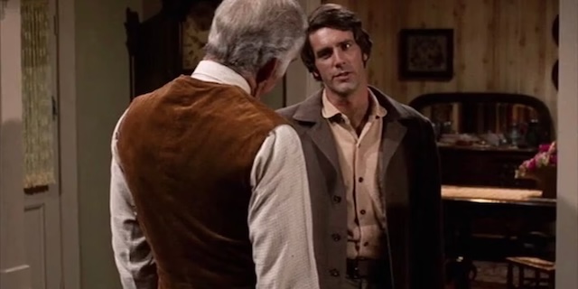 Sam Elliott, known for his deep voice and rugged appearance, in a scene from "Gunsmoke" during the beginning of his Western stardom.