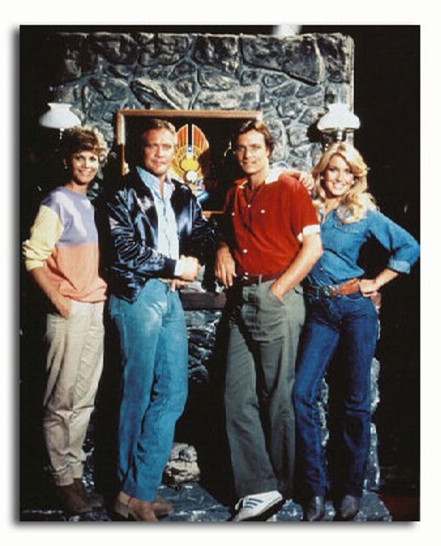 The iconic cast of "The Fall Guy" standing together: Markie Post, Lee Majors, Douglas Barr, and Heather Thomas. This team brought thrilling action, humor, and unforgettable moments to 80s television, making the series a beloved classic