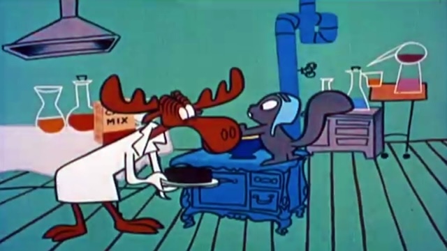 Bullwinkle and Rocky in a science experiment gone awry, one of many zany scenarios that made "The Rocky and Bullwinkle Show" a classic.