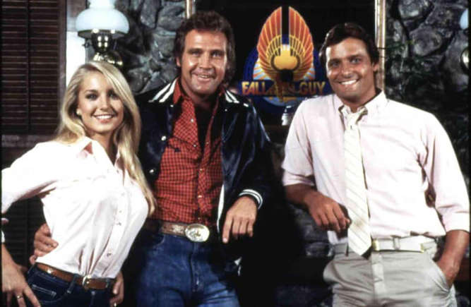 The main cast of "The Fall Guy" – Heather Thomas, Lee Majors, and Douglas Barr – posing together. A classic trio that made the series unforgettable for its mix of stunts, humor, and action