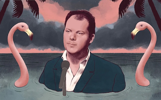 An artistic representation of Christopher Cross surrounded by flamingos, symbolizing his connection to the calm and freeing nature of his song "Sailing."