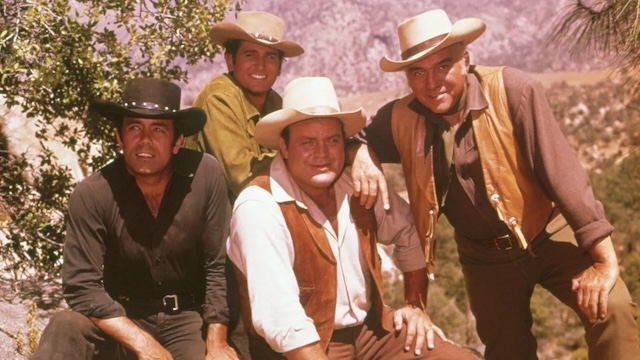 The Cartwright family at Ponderosa Ranch in a vibrant shot from "Bonanza," one of TV's longest-running Westerns