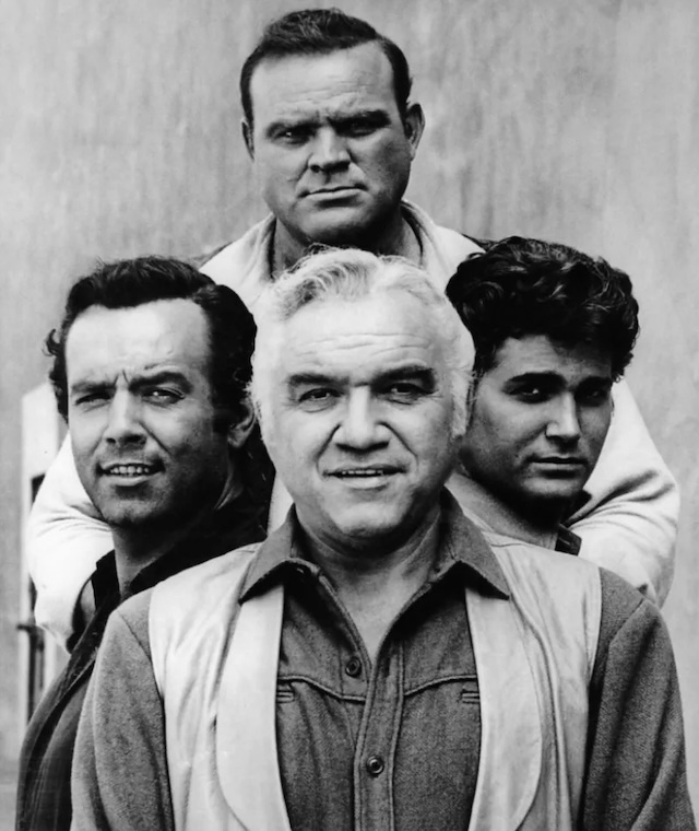 A strong and memorable group portrait of the Cartwright family from Bonanza, with Lorne Greene, Dan Blocker, Pernell Roberts, and Michael Landon in a confident stance, symbolizing their unity and strength