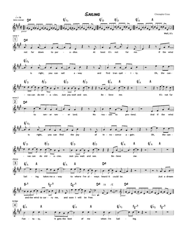 The musical sheet of "Sailing" by Christopher Cross, showcasing the delicate and melodic arrangement that captivated listeners worldwide