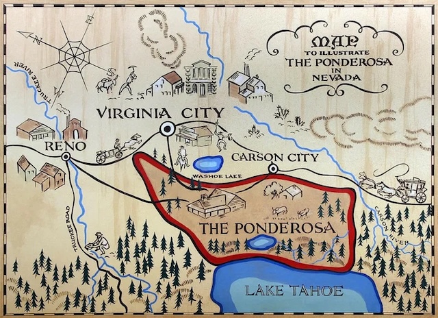 A map illustrating The Ponderosa, the ranch at the heart of the Cartwright family's story, showing its location between Virginia City, Carson City, and Lake Tahoe