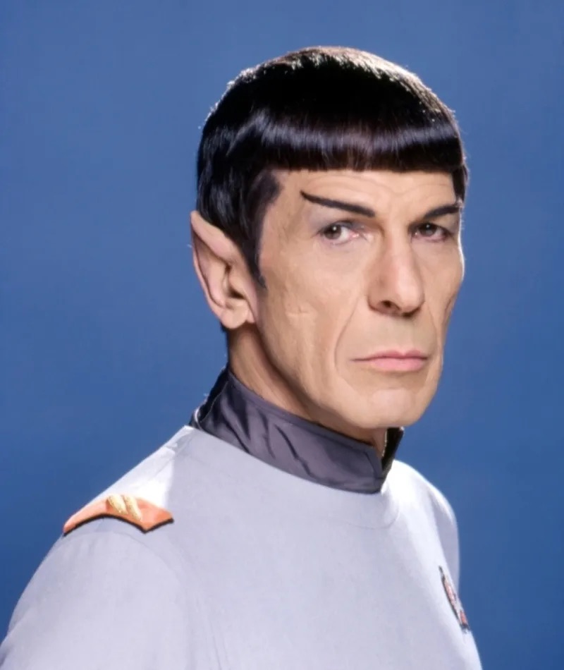 Leonard Nimoy as Mr. Spock, the iconic half-Vulcan science officer from Star Trek, displaying his characteristic cool demeanor