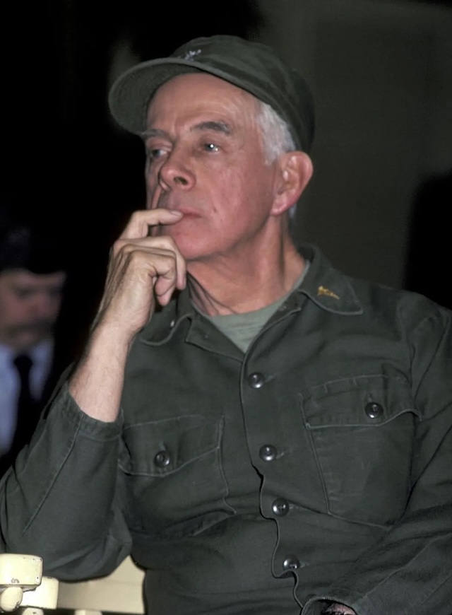 Harry Morgan, in full army gear as Colonel Potter, with a thoughtful expression, representing the wisdom and depth his character brought to M*A*S*H