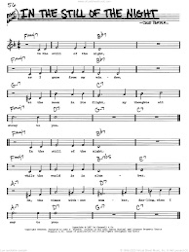 The original sheet music for "In The Still Of The Night" by The Five Satins, a testament to the song's enduring appeal and influence in the world of music.