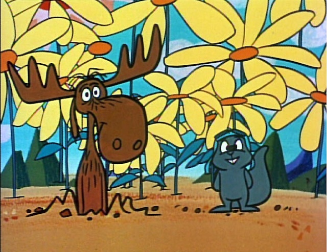 Rocky and Bullwinkle find themselves in a field of giant sunflowers, capturing the whimsical and imaginative spirit of the show.