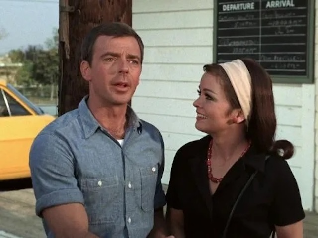 A scene from Mayberry R.F.D., the continuation of The Andy Griffith Show, featuring Ken Berry as Sam Jones with his on-screen love interest at the train station