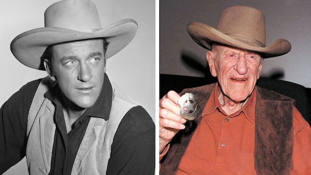 A side-by-side image of James Arness from his early years on Gunsmoke to his later years, showing the enduring legacy of his portrayal of Marshal Matt Dillon