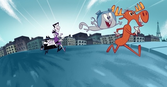 Rocky, Bullwinkle, Boris, and Natasha in a chase scene, part of the new animated series that continues the legacy of the original show.