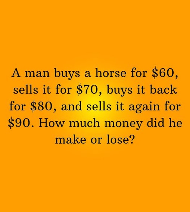 Can you figure out how much money the man made or lost in this tricky horse trading puzzle?