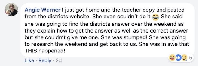 A parent's comment about a teacher struggling to solve the same math problem.