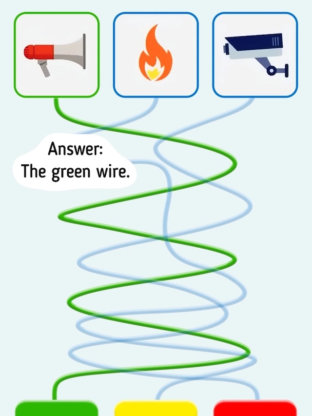 The green wire holds the solution. Can you solve this tangled maze of wires correctly?