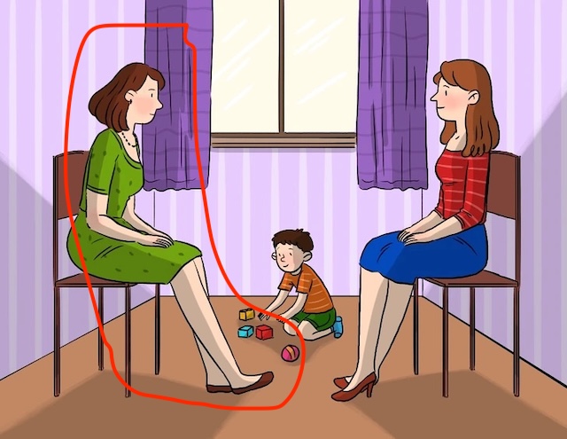 Answer: The woman on the left is the mother. Her legs are pointed towards the child, displaying a natural protective instinct.