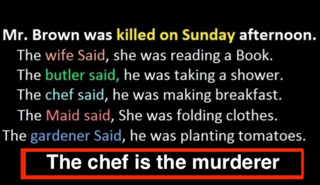 The Reveal: The chef is the killer! He claimed to be making breakfast, but Mr. Brown was killed in the afternoon. That’s the inconsistency!