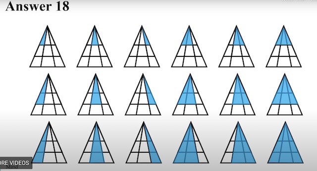 Answer: 18 triangles! Each small section forms part of the larger triangles when combined.