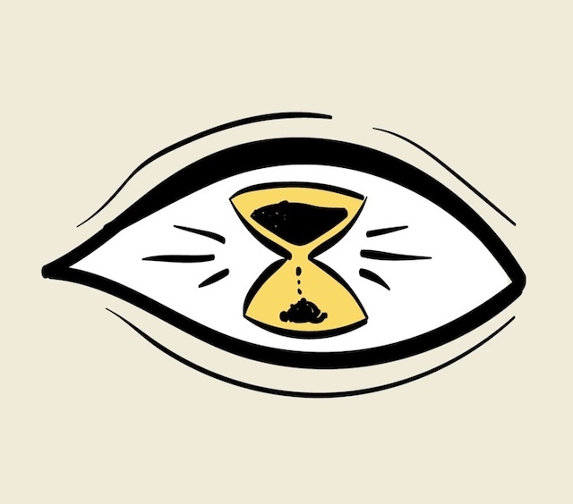 An eye with an hourglass, suggesting a philosophical mind that contemplates time, existence, and the mysteries of life