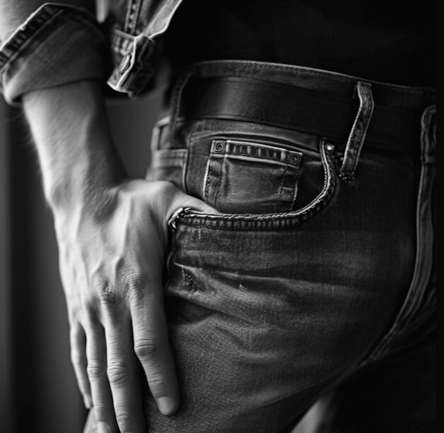 A black-and-white shot showcasing the small pocket on the front of a pair of jeans, highlighting its position just above the standard front pocket.