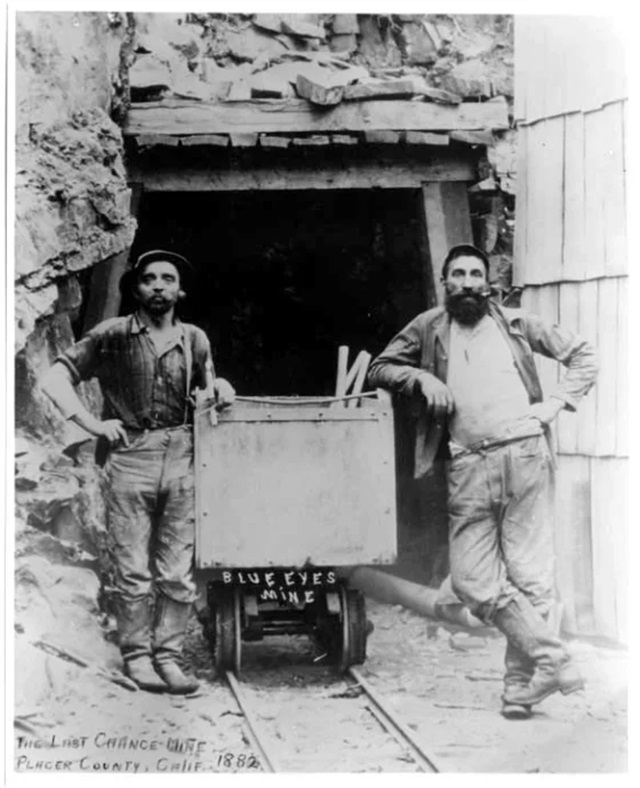 A 1882 photo of miners at Blue Eyes Mine, Placer County, California, likely wearing early Levi Strauss jeans with the iconic small pocket designed for holding pocket watches.