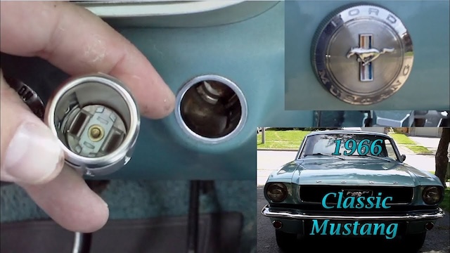 The vintage car cigarette lighter socket from a classic 1966 Ford Mustang, an essential feature in mid-20th-century vehicles