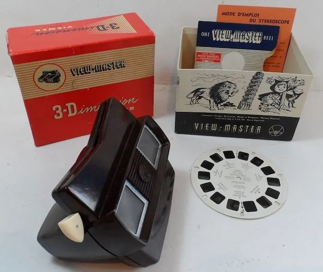 The original packaging for the vintage view master along with the iconic 3D reels that allowed kids and adults to travel through time and space