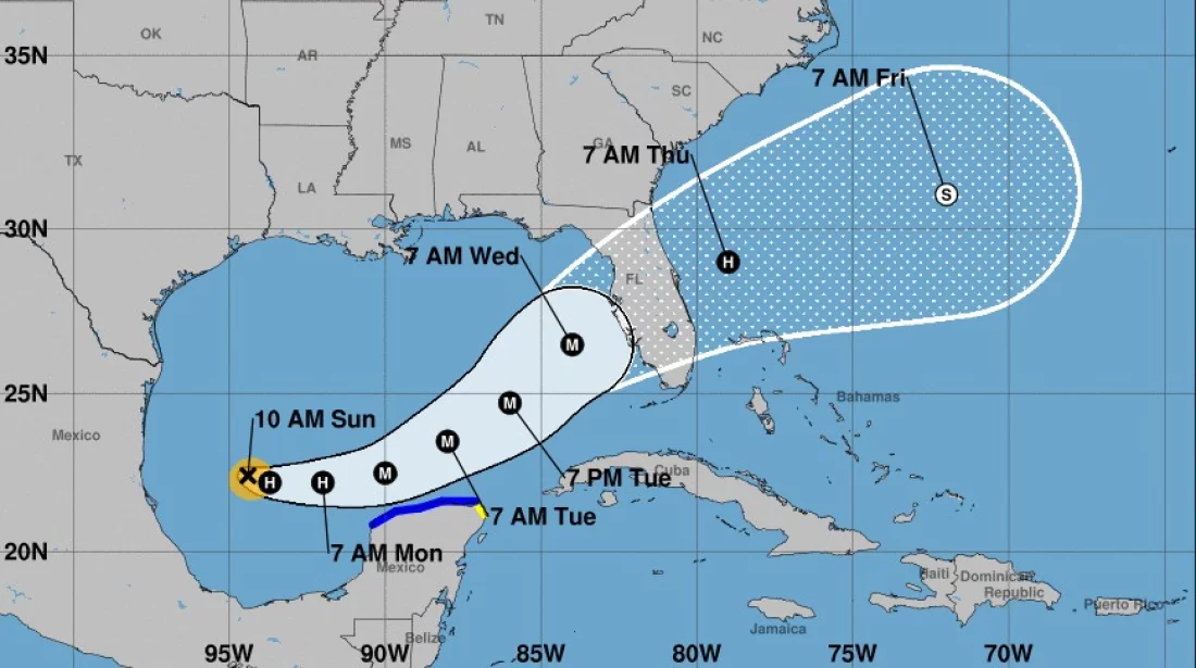 National Hurricane Center's forecast showing Tropical Storm Milton's potential path and affected regions. The shaded area indicates the storm's likely track, affecting much of Florida by mid-week.