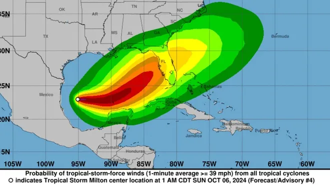 Wind probability map for Tropical Storm Milton, highlighting the areas at risk of experiencing tropical-storm-force winds. The red and yellow zones depict the most severe conditions expected as the storm advances.