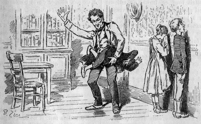 An illustration depicting traditional corporal punishment in schools, where children were often physically disciplined or sent to the corner as part of the schooling system