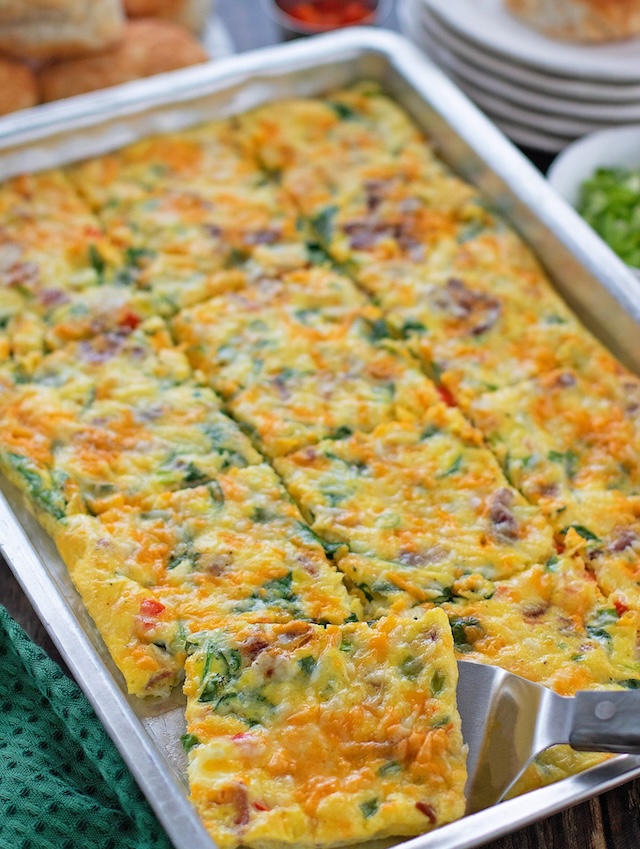 Omelets baked in a tray, ready to be cut, served, or frozen for future meals, perfect for batch cooking