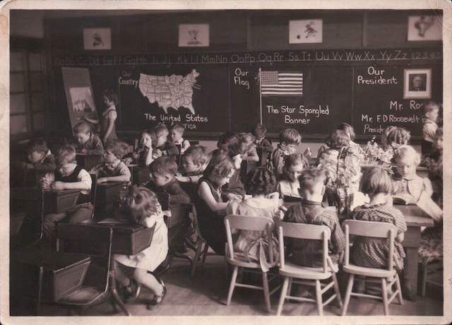 A 1940s rural school scene, capturing the simplicity of life and learning during the Roosevelt era