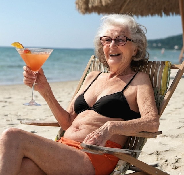 With a cocktail and a smile, this senior is clearly enjoying her carefree time at the beach, showing that age is no barrier to living joyfully in a bikini