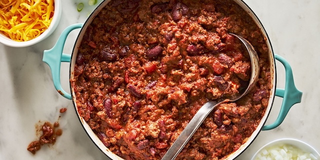 Loaded with beans and ground beef, this bowl of chili is a savory, filling dish perfect for warming up on a cold day