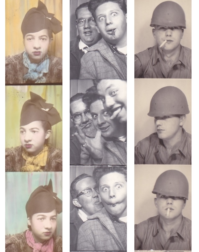 Soldiers and friends share a lighthearted moment, showing their playful sides in a photobooth