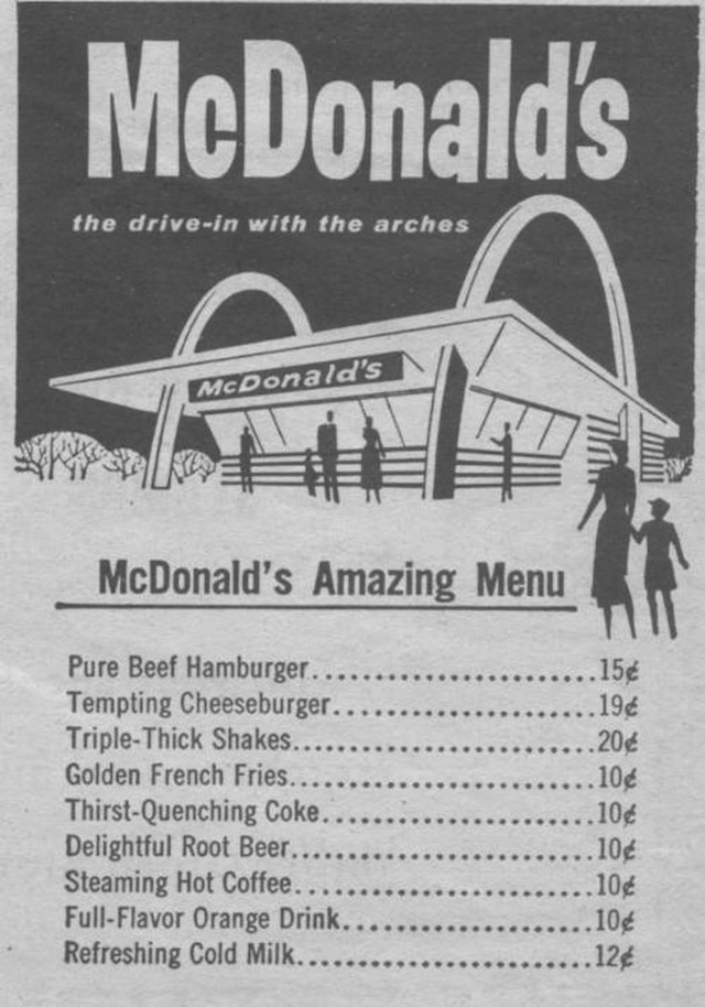 A nostalgic glimpse at McDonald's early menu, featuring a 15-cent hamburger and a 19-cent cheeseburger—simple, affordable, and iconic, from the 1940s to the 1950s