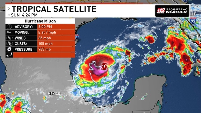 A satellite image showing Hurricane Milton, now at Category 1, with winds of 85 mph, moving eastward across the Gulf of Mexico, approaching Florida