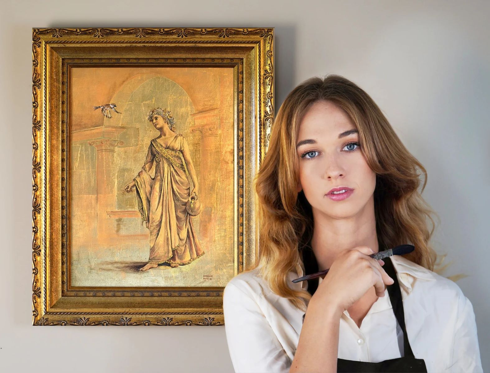 Akiane Kramarik posing beside another one of her spiritual creations, showcasing her profound artistic talent from a young age