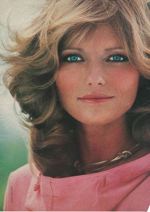 A stunning close-up of Cheryl Tiegs, highlighting her mesmerizing blue eyes and classic beauty 