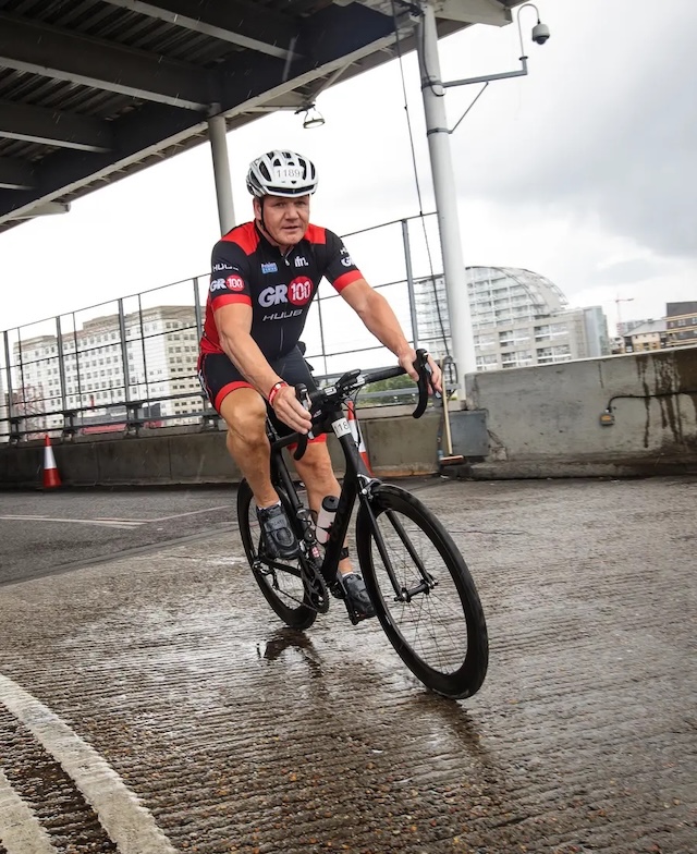 Gordon Ramsay, an avid cyclist, pictured riding before his bike crash that left him bruised but thankful to be alive