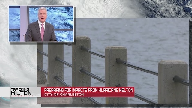 News coverage focusing on preparations for Hurricane Milton in Charleston, with concerns about potential damage as the storm nears