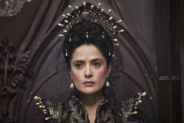 Salma Hayek in her role as the Queen of Longtrellis in the dark fantasy film Tale of Tales (2015), showcasing her versatility in an intense and captivating performance